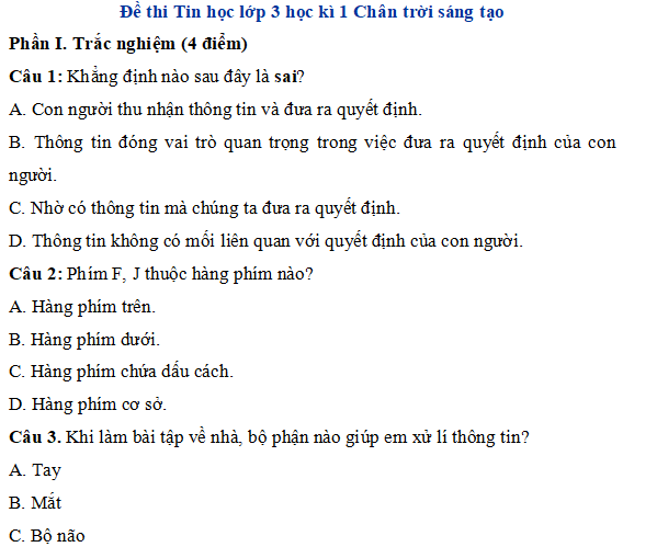 Đề thi học kì 1 môn Tin học lớp 3 Chân trời sáng tạo năm 2023-2024
