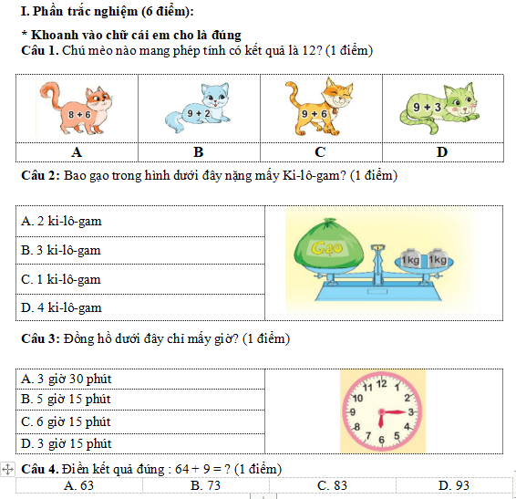 Đề thi học kì 1 môn Toán lớp 2
