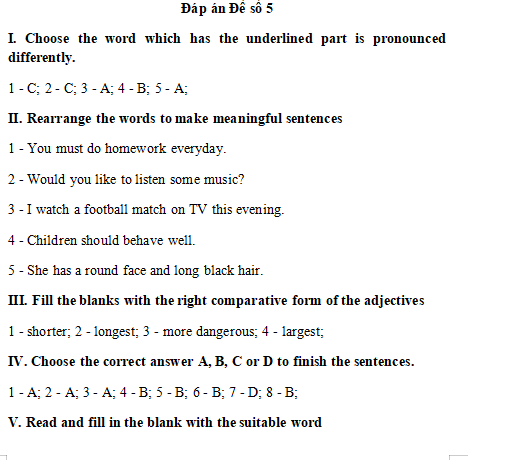 Đề thi Tiếng Anh lớp 6 học kì 1 có đáp án