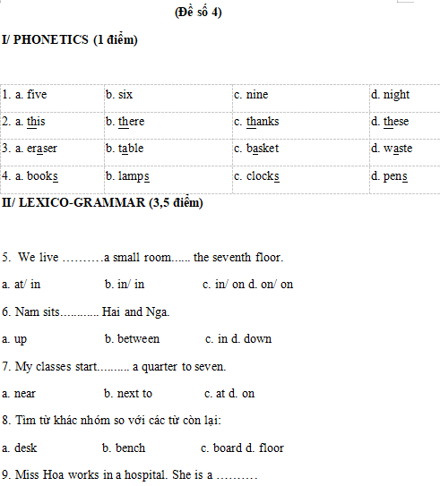 Đề thi Tiếng Anh lớp 6 học kì 1 có đáp án