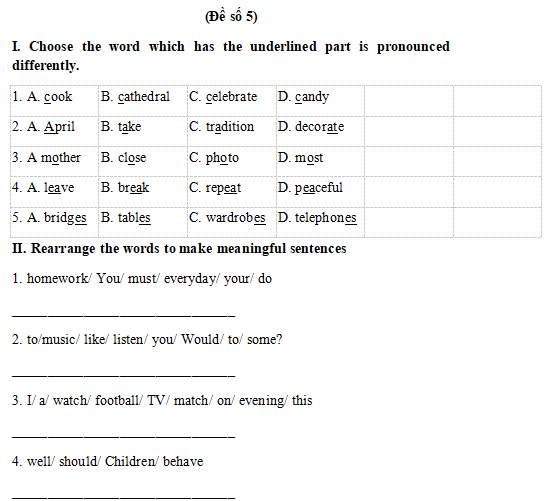 Đề thi Tiếng Anh lớp 6 học kì 1 có đáp án