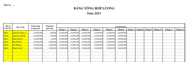 Bảng tính thuế thu nhập cá nhân phục vụ quyết toán thuế