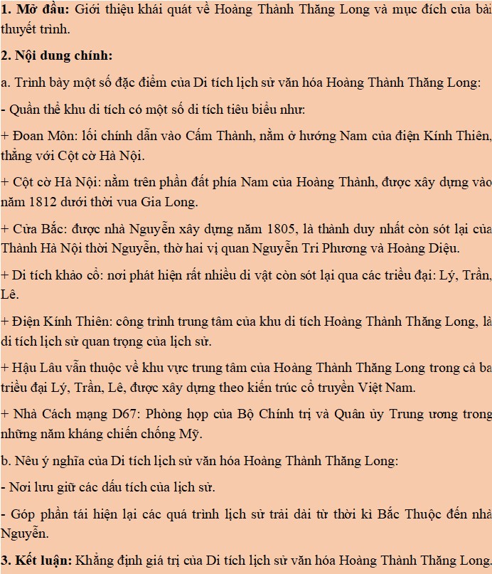 Dàn ý thuyết trình về di tích lịch sử văn hóa Hoàng Thành Thăng Long