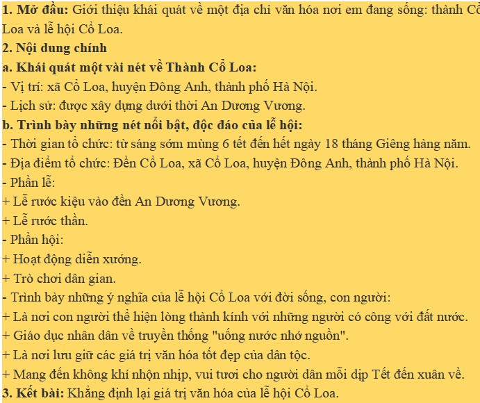 Dàn ý thuyết trình về một địa chỉ văn hóa nơi em đang sống