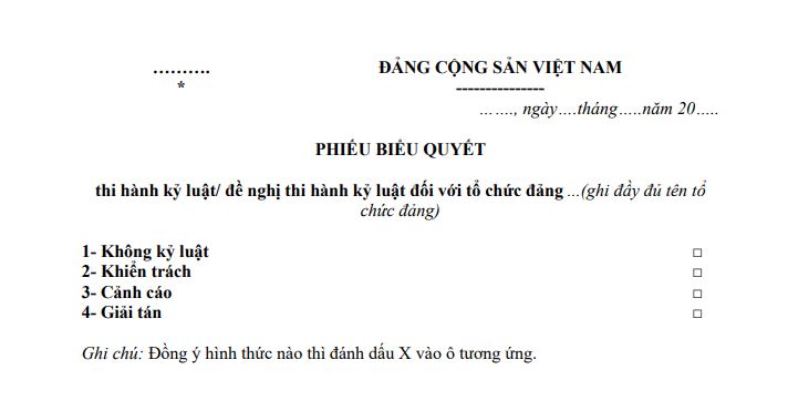 Phiếu biểu quyết thi hành kỷ luật/ đề nghị thi hành kỷ luật đối với tổ chức Đảng