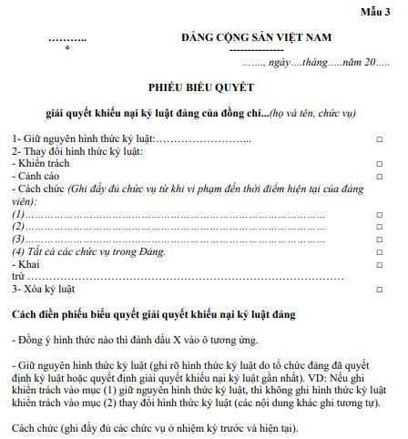 Mẫu số 03: Phiếu biểu quyết giải quyết khiếu nại kỷ luật đảng