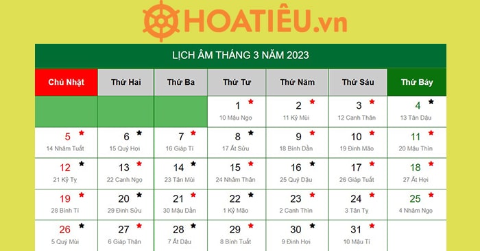 lịch âm 2023 tháng 3