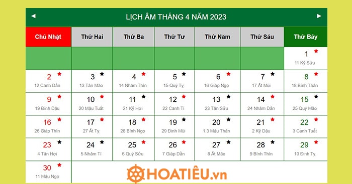 lịch âm 2023 tháng 4