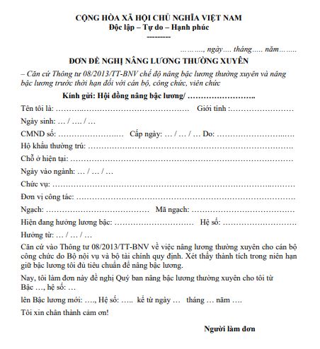 Mẫu đơn đề nghị về việc nâng lương thường xuyên 2024