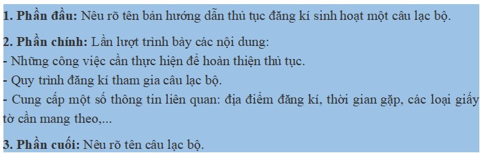 Viết bản hướng dẫn thủ tục đăng kí sinh hoạt một câu lạc bộ ở trường
