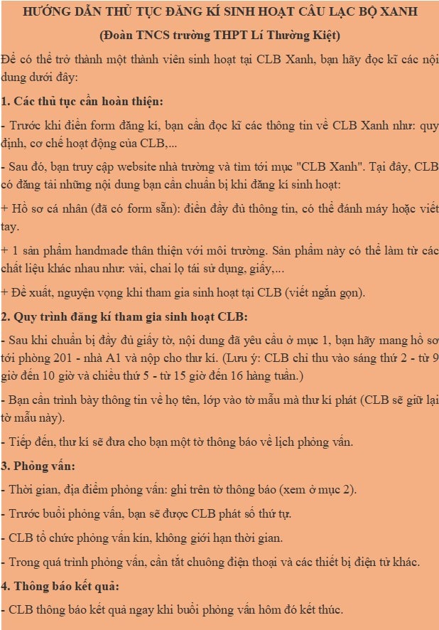 Bản hướng dẫn thủ tục đăng kí sinh hoạt một câu lạc bộ ở trường