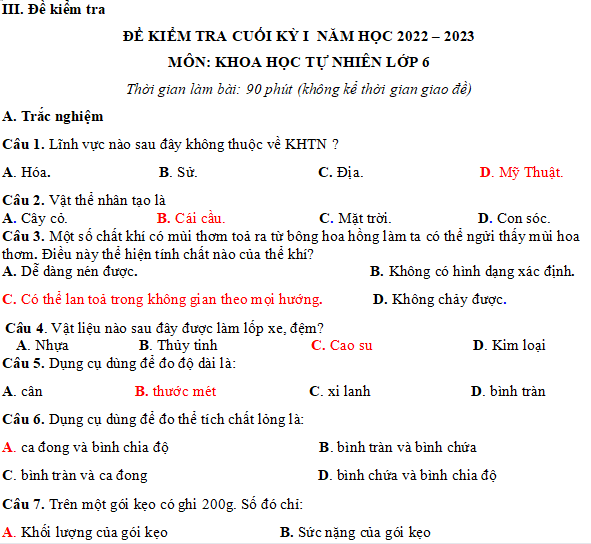 Đề thi môn Khoa học tự nhiên lớp 6 kì 1 Chân trời sáng tạo