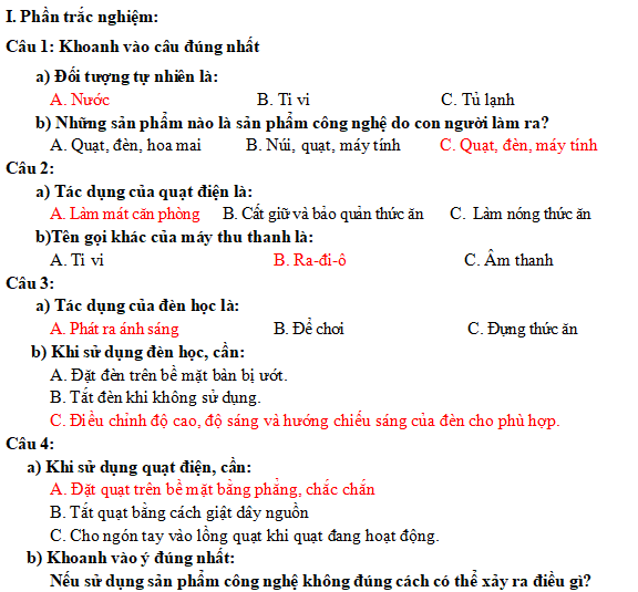 Đề thi học kì 1 công nghệ lớp 3 theo thông tư 27