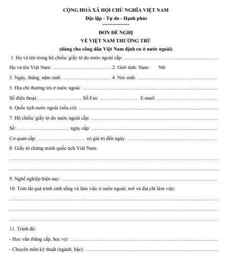 Mẫu đơn đề nghị về Việt Nam thường trú