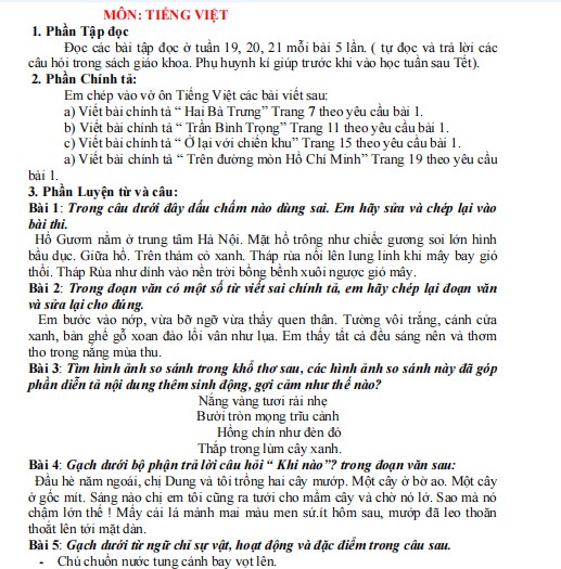 Bài tập Tết lớp 3 môn Tiếng Việt