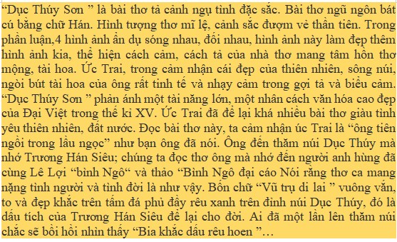 Đoạn văn khoảng 150 chữ phân tích một nét đẹp của tâm hồn Nguyễn Trãi thể hiện trong bài Dục Thúy Sơn 