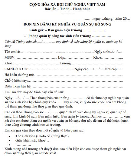Mẫu đơn xin đăng ký nghĩa vụ quân sự bổ sung