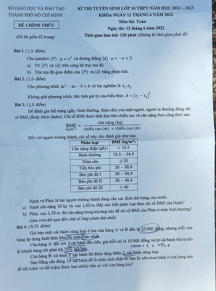 Đề thi tuyển sinh lớp 10 môn Toán 2022 TPHCM