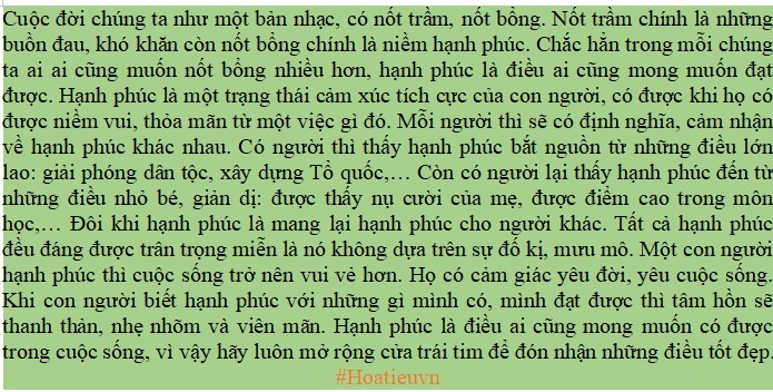 Viết đoạn văn trình bày suy nghĩ của em về hạnh phúc
