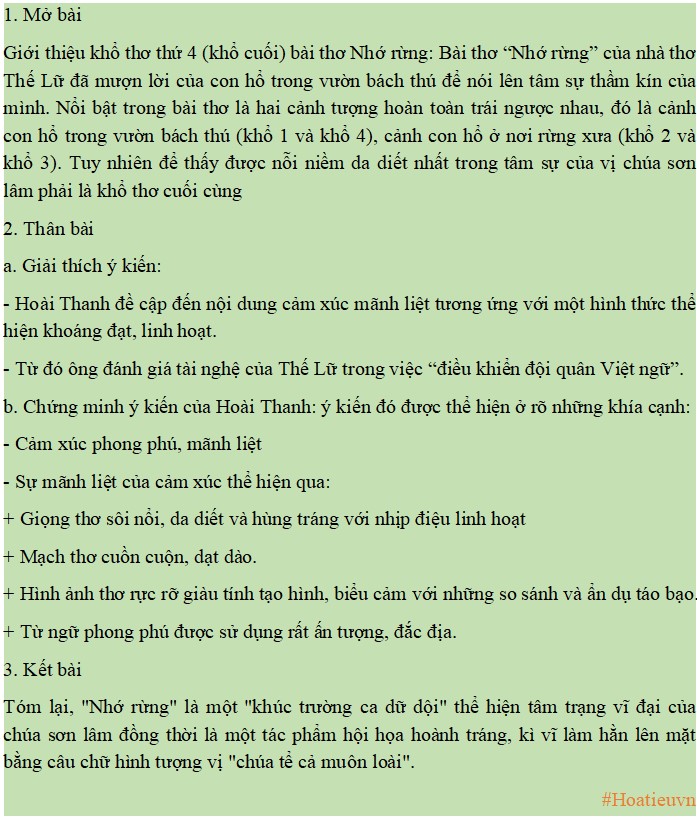 Dàn ý cảm nhận khổ 4 Nhớ rừng