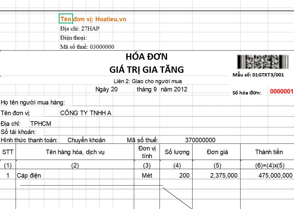 Hóa Đơn Giá Trị Gia Tăng - Mẫu Số 01GTKT3/001
