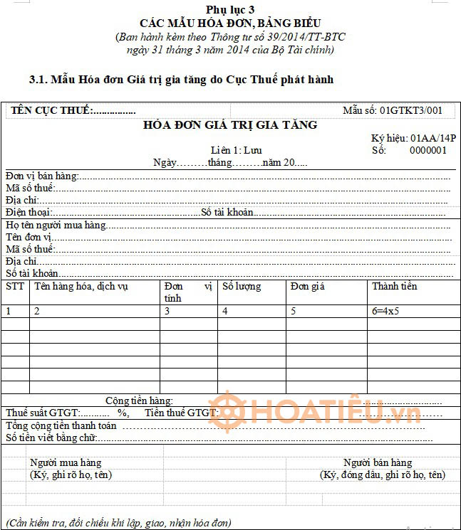 Hóa Đơn Giá Trị Gia Tăng - Mẫu Số 01GTKT3/001