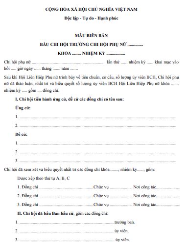 Mẫu biên bản bầu Chi hội trưởng Chi hội phụ nữ