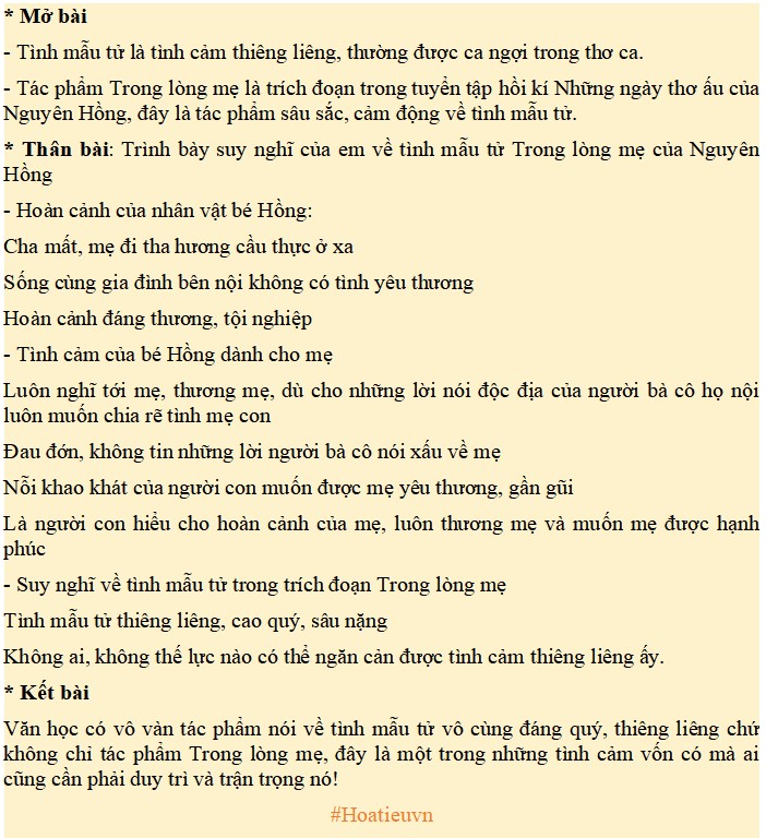 Dàn ý suy nghĩ của em về tình mẫu tử trong đoạn trích Trong lòng mẹ