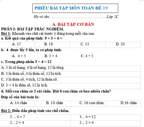 Bài Tập Cuối Tuần Toán Lớp 2 Kết Nối Tri Thức Học Kì 2 Có đáp án