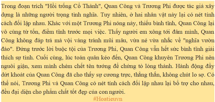 Đoạn văn ngắn so sánh tính cách Trương Phi và Quan Công