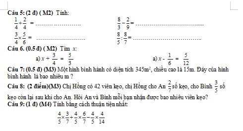 Đề thi giữa học kì 2 Toán lớp 4