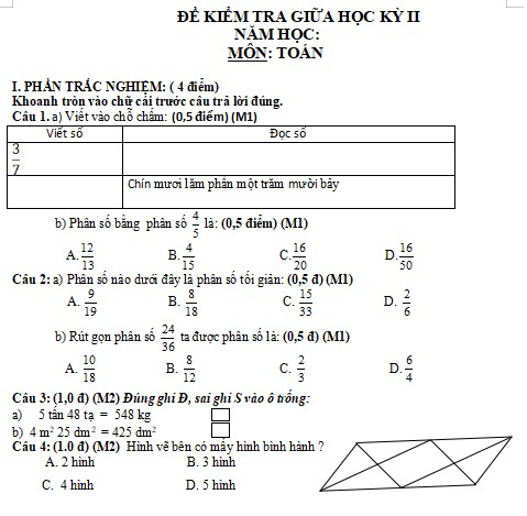 Đề thi giữa học kì 2 Toán lớp 4