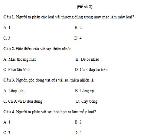 Đề thi giữa kì 2 Công nghệ lớp 6 sách Chân trời