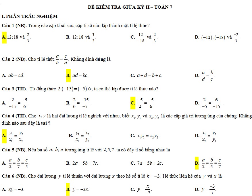 Đề thi giữa học kì 2 Toán 7 CTST 2023