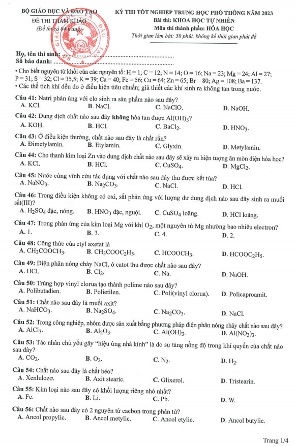 Đề minh họa môn Hóa học 2023