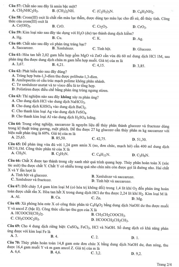Đề minh họa môn Hóa học 2023