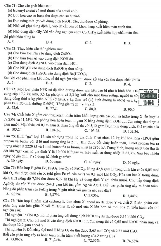 Đề minh họa môn Hóa học 2023