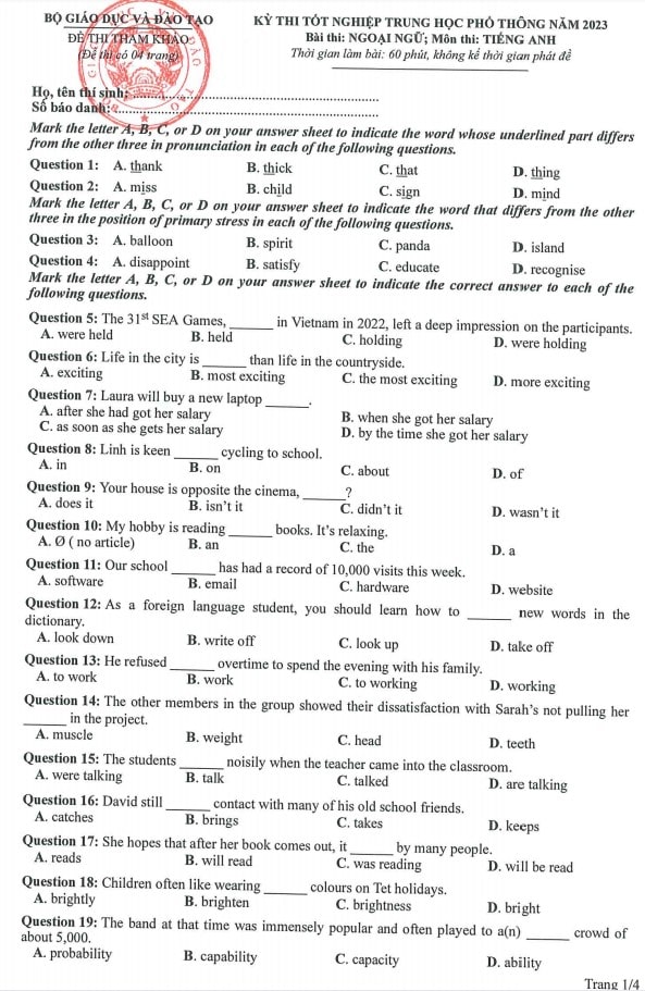 Đề minh họa môn tiếng Anh 2023