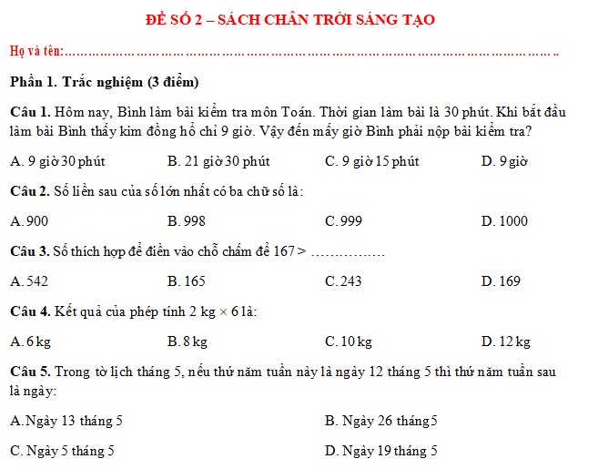 Đề thi giữa kì 2 Toán 2