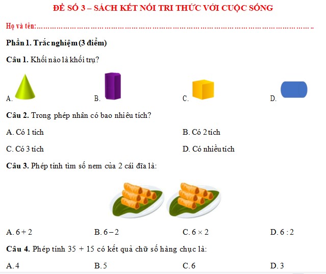 Đề thi giữa kì 2 Toán 2