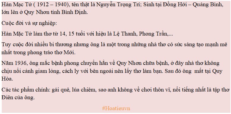 Hãy viết tiểu sử tóm tắt của nhà thơ Hàn Mặc Tử