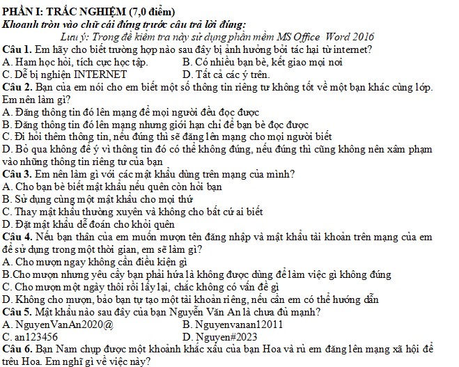 Đề thi giữa kì 2 Tin học lớp 6 sách Kết nối