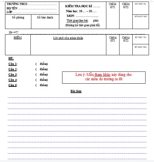 Mẫu giấy làm bài thi tự luận A4