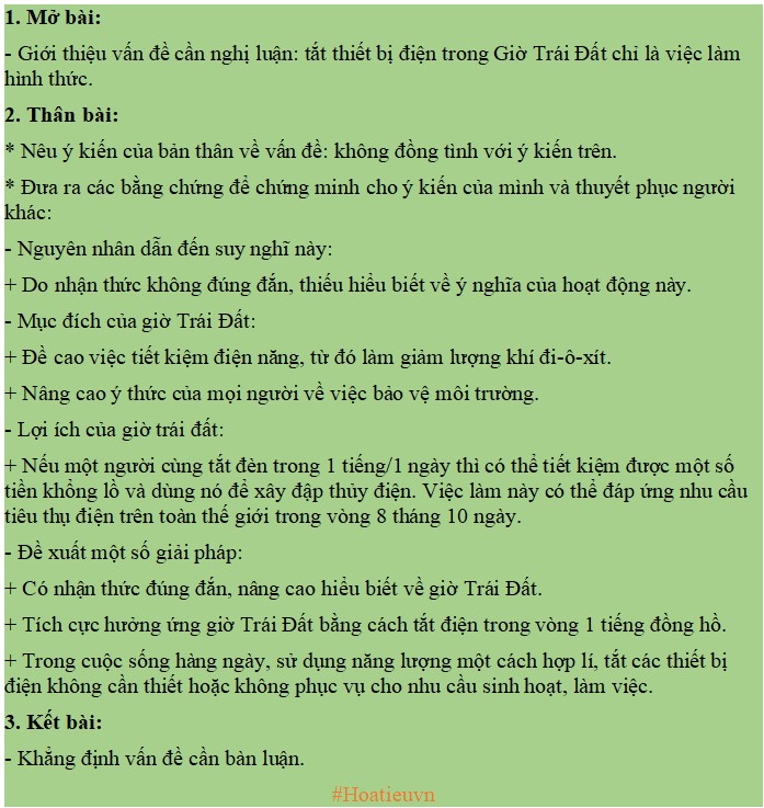 Dàn ý nghị luận về tắt thiết bị điện trong giờ trái đất chỉ là việc làm hình thức