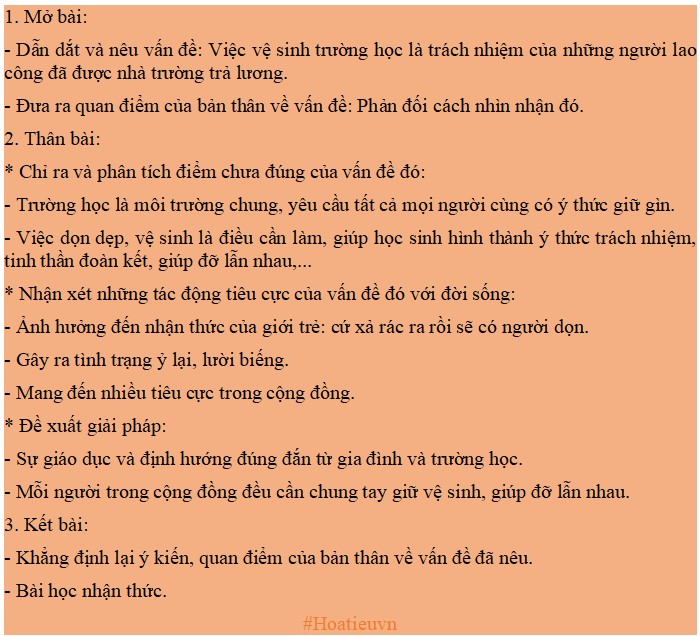 Dàn ý nghị luận vệ sinh trường học là trách nhiệm của những người lao công