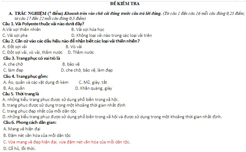 Đề thi giữa kì 2 Công nghệ lớp 6 sách Chân trời