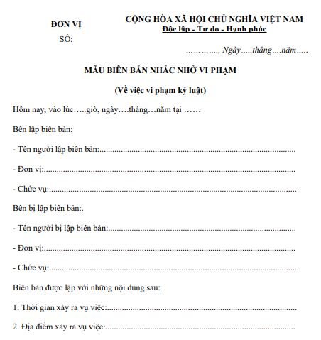 Mẫu biên bản nhắc nhở vi phạm