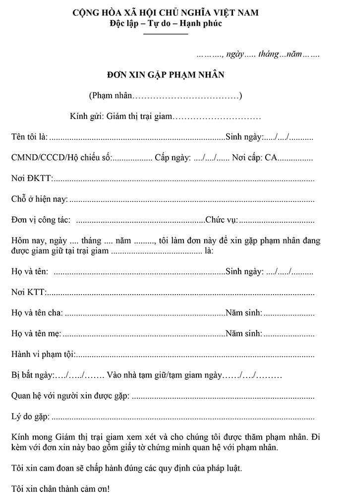 Mẫu đơn xin vào thăm gặp phạm nhân