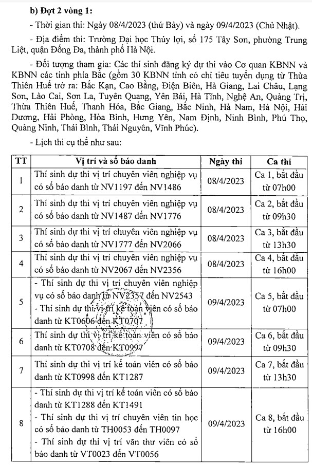 Lịch thi công chức Kho bạc nhà nước 2023
