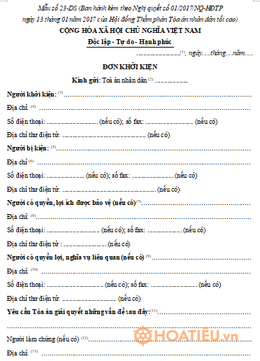 Mẫu số 23-DS: Đơn khởi kiện vụ án dân sự